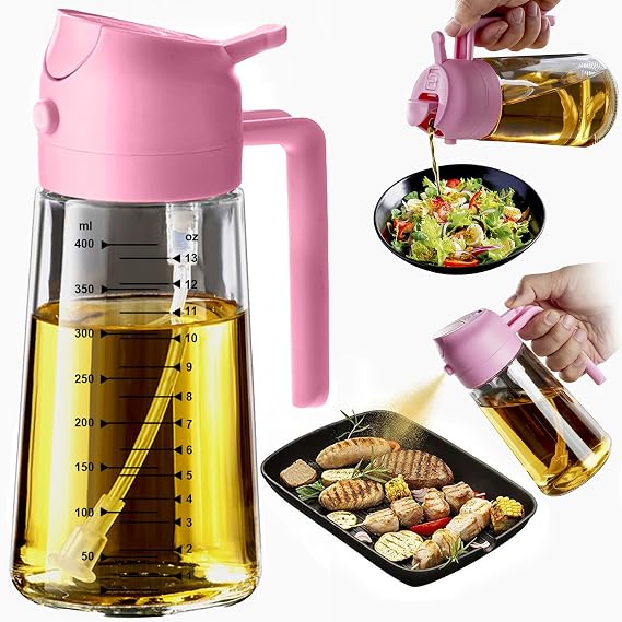 Product Title  400ml Glass Oil Dispenser Bottle with Handle – Leakproof Olive Oil Pourer & Spray Bottle (Pink)