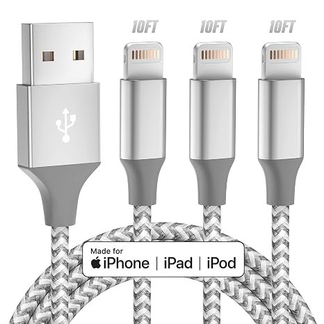 -Pack 10FT Braided Lightning Charging Cable for iPhone, iPad & iPod – Fast Charging & Data Sync